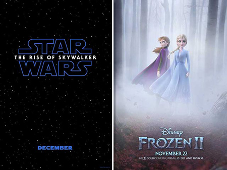 Posters for rise of skywalker and frozen II.